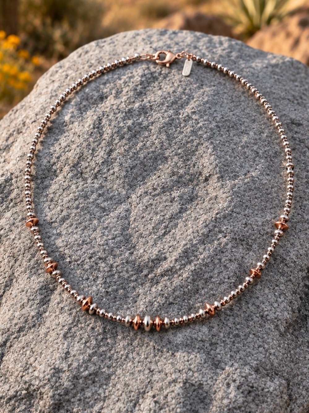 Southwest Navajo Pearl Inspired Silver And Copper Two Tone Beaded Necklace
